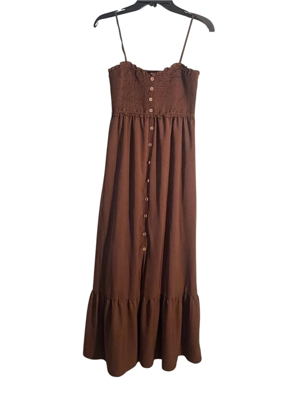 Dokotoo chocolate brown tiered sleeveless maxi dress w/button down front. Size M - Picture 3 of 12